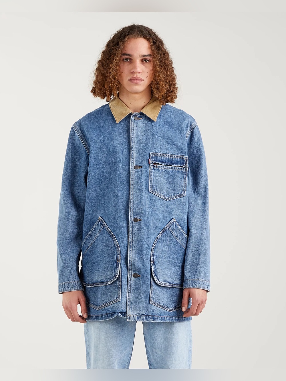 Levi's Premium Chore Coat Mens XL Blue Denim Corduroy Collar Barn Jacket Big E